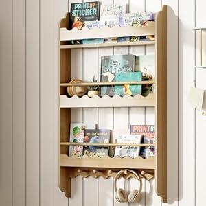 Treocho Kids Bookshelf, 3-Tier Wall Mounted Book Shelf, Kids Bookshelf and Toy Storage for Living Room, Bedroom and Nursery, Natural