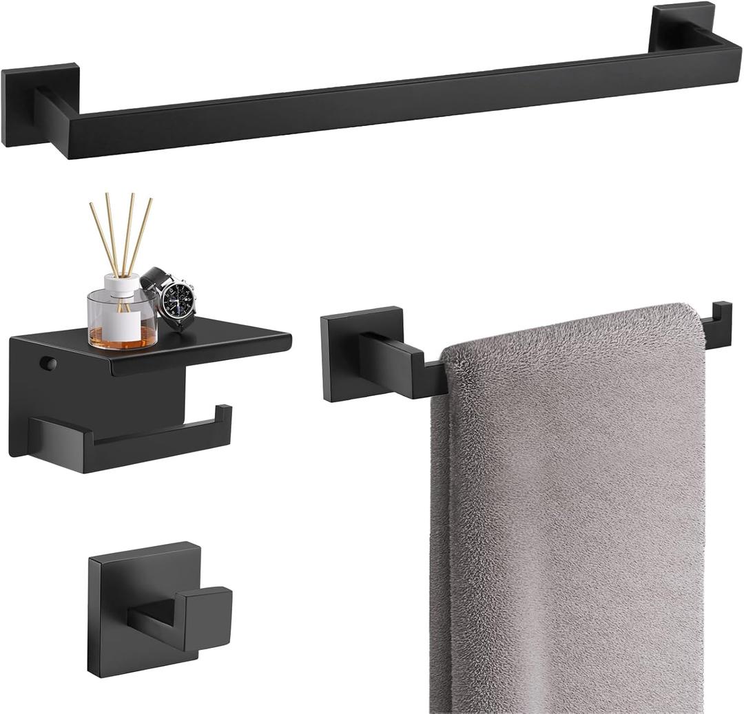 TURS Bathroom Hardware Set Black 4-Piece Towel Bar Set Include 24 Inch Towel Bar Hand Towel Holder Towel Hook Toilet Paper Holder with Shelf Wall Mounted Stainless Steel Bathroom Accessories Set
