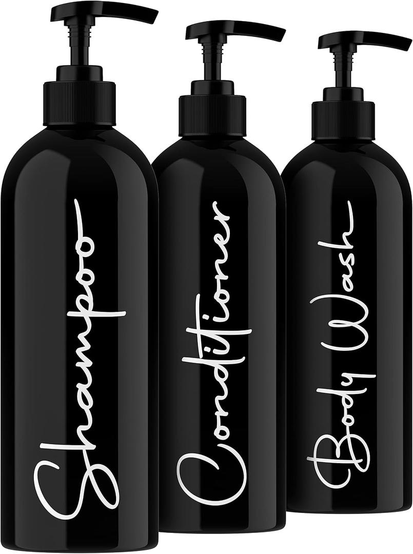 Alora Reusable Shampoo and Conditioner Bottles - Set of 3 - Matte Black - Permanent Stylish Labels - 16oz Pump Bottle Dispenser for Shampoo, Conditioner, Body Wash - Plastic Refillable Containers
