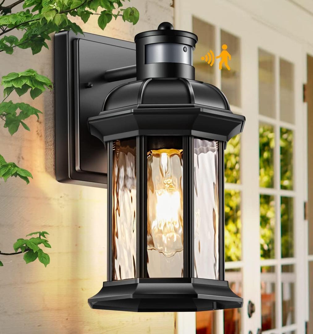 VIANIS Dusk to Dawn Motion Sensor Outdoor Porch Lights, Modern Black Exterior Porch Light Fixtures Wall Mount, Anti-Rust Aluminum Waterproof Wall Lantern With Tempered Ripple Glass For Garage Entryway (1-Pack, Black)