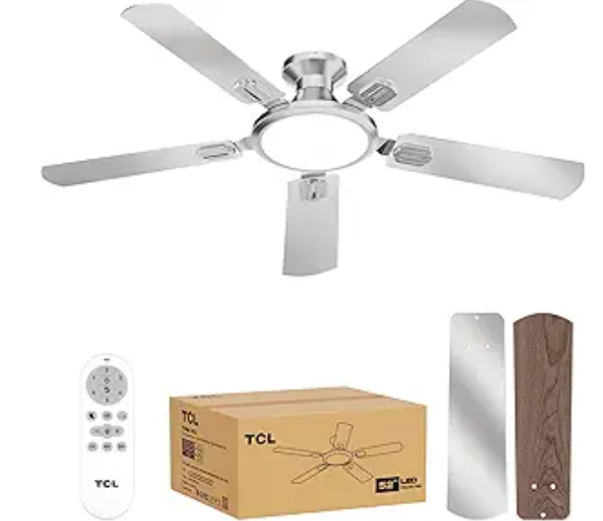 TCL 52" Low Profile Ceiling Fan with Light, Slim, Silver, Flush Mount, DC Reversible Motor, 6 Speeds, Remote Control, Noiseless, Dimmable, LED Light, 3CCT, Modern Ceiling Fan for Bedroom Living Room