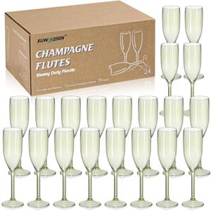 XUWAIDSGN 24 Pcs Reusable Champagne Flutes Plastic Wine Glasses Bulk Vintage Champagne Flutes Mimosa Bar Glasses Stemmed Drinking Cups 5.4OZ for Christmas Birthday Wedding Bride (Sage Green)