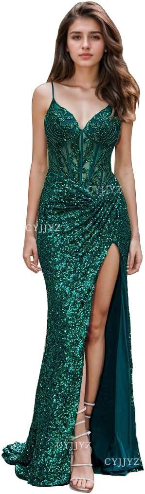 Spaghetti Strap Sequin Prom Dresses with Slit 2025 Sparkly Lace Appliques Mermaid Formal Evening Gown for Women (Size 4, Emerald Green)