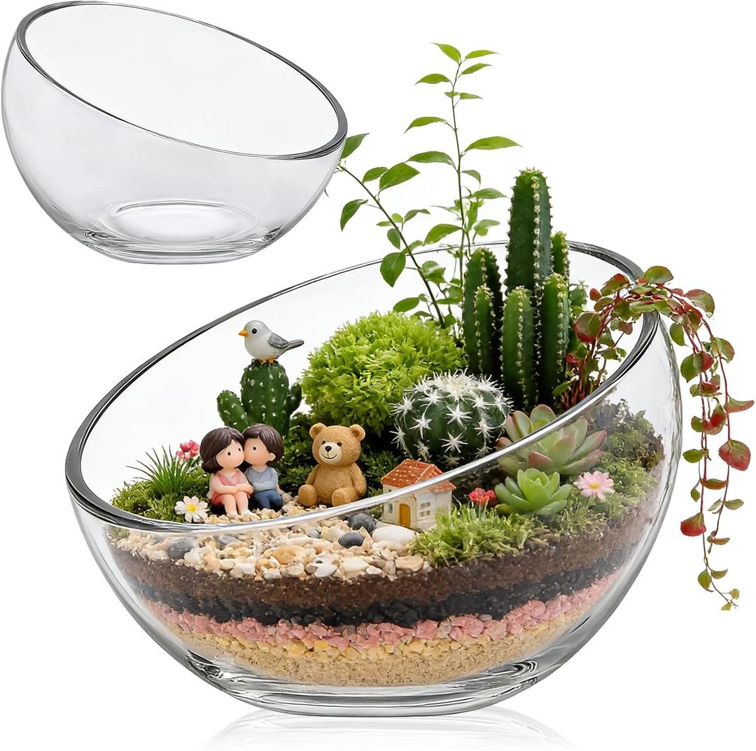 2Pack Slant Cut Bowl, Glass Terrarium, Glass Fish Bowl Vase
