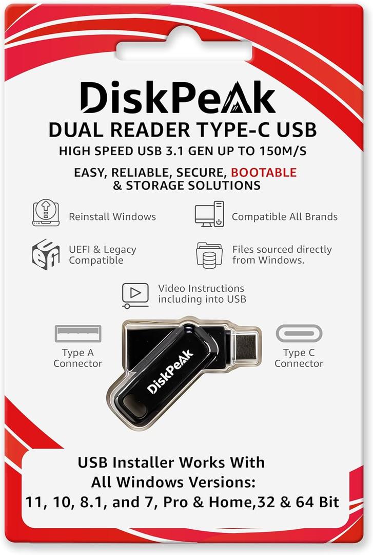 64GB Bootable USB Drive for Windows 11 & 10 - Clean Install, Upgrade, Reinstall - 32/64 Bit, All Versions (inc. 8/7) - Dual Type C & A (Key Not Included)