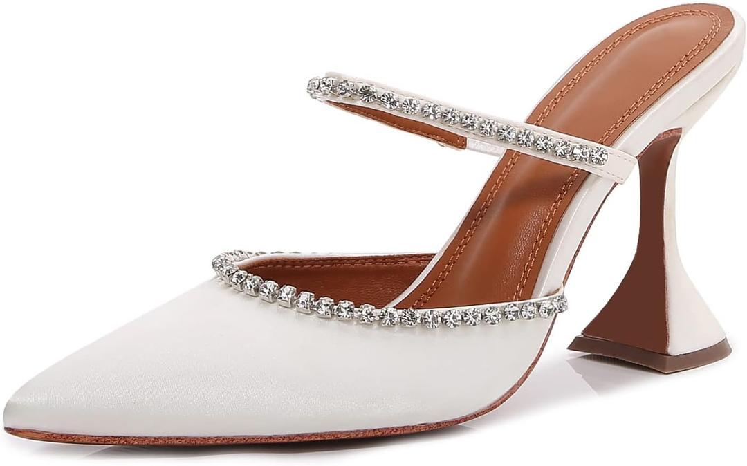 Vertundy Women's Mule Heels Rhinestones Strappy Stiletto Slide Pumps Slip On Sexy High Heels Sandals Closed Pointed Toe Backless Dressy Wedding Party Summer Shoes (6.5, White)