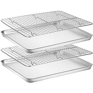 Baking Sheet with Rack Set [2 Pans + 2 Racks], Wildone Stainless Steel Cookie Sheet Baking Pan Tray with Cooling Rack, Size 18 x 13 x 1 Inch, Non Toxic & Heavy Duty & Easy Clean