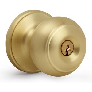 Keyed Entry Door Knob, Flat Ball Interior Door Knob with Lock, Round Exterior Doorknob for Front/Entrance Doors, Satin Brass