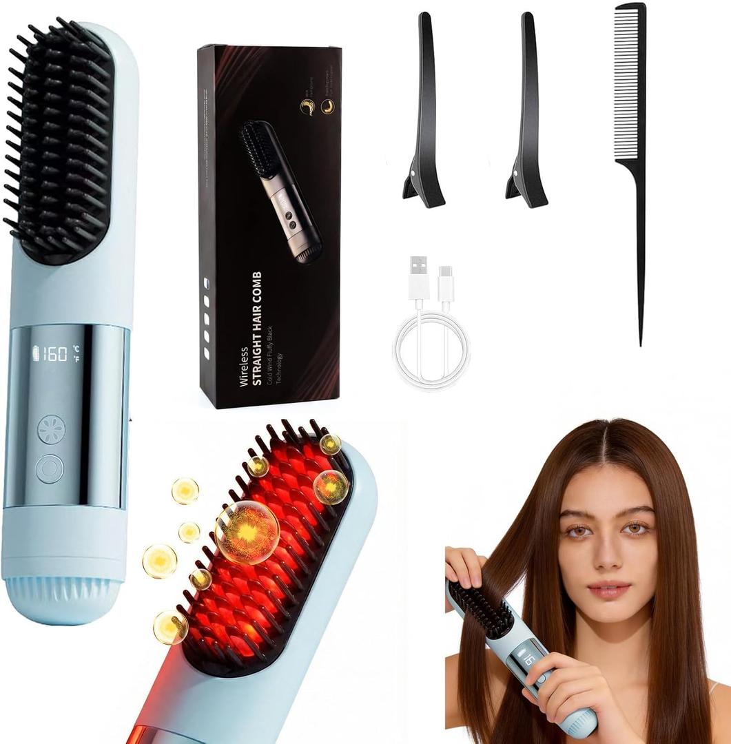 2026 New Go Brush Pro - 3 Temps Portable Cordless Hair Straightener Brush for Travel, Led Digital Display(°C/°F), Cool Air Setting On the Back (Blue)