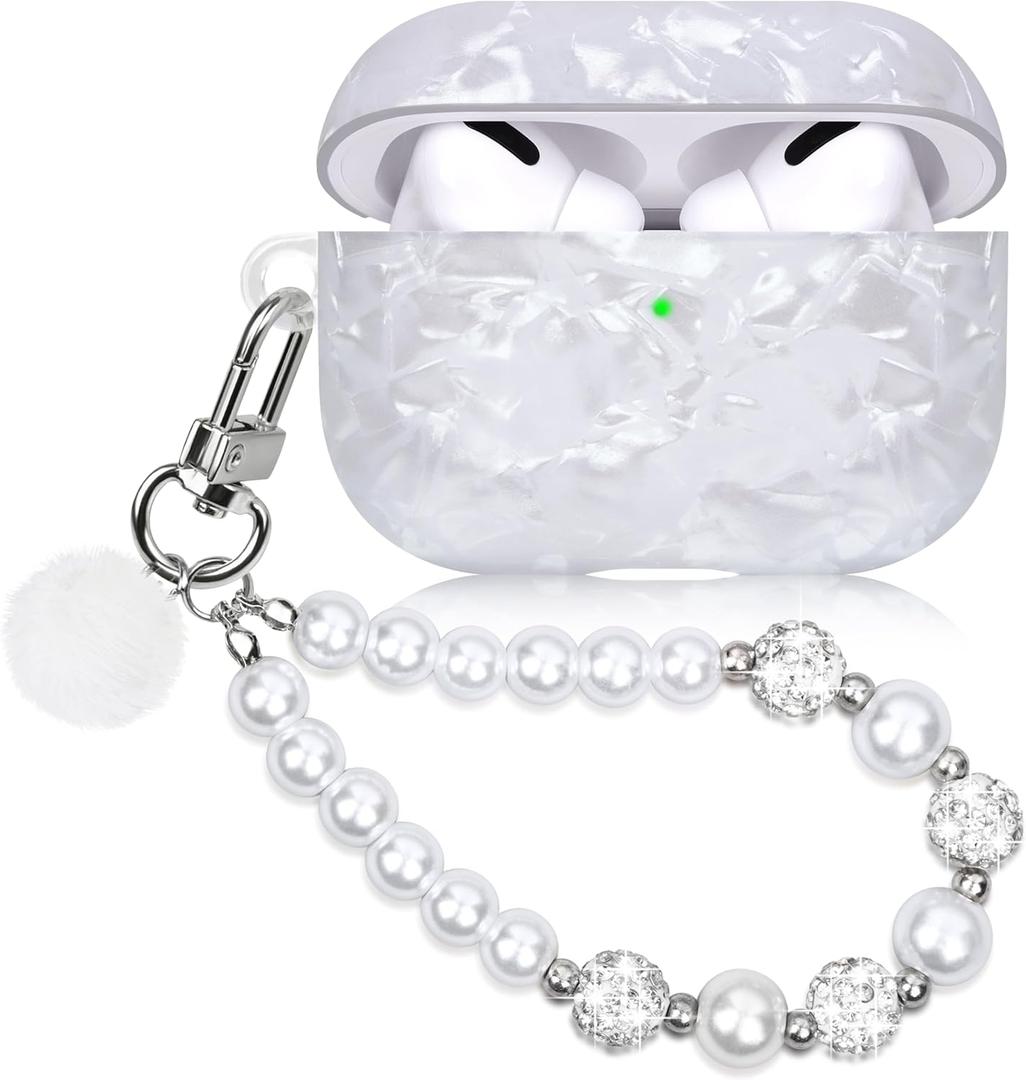 Cute Case for Airpods Pro with Pearl Keychain Lanyard Cover Compatible with AirPod Pro (2019) 1st Generation Shell for Women (White)