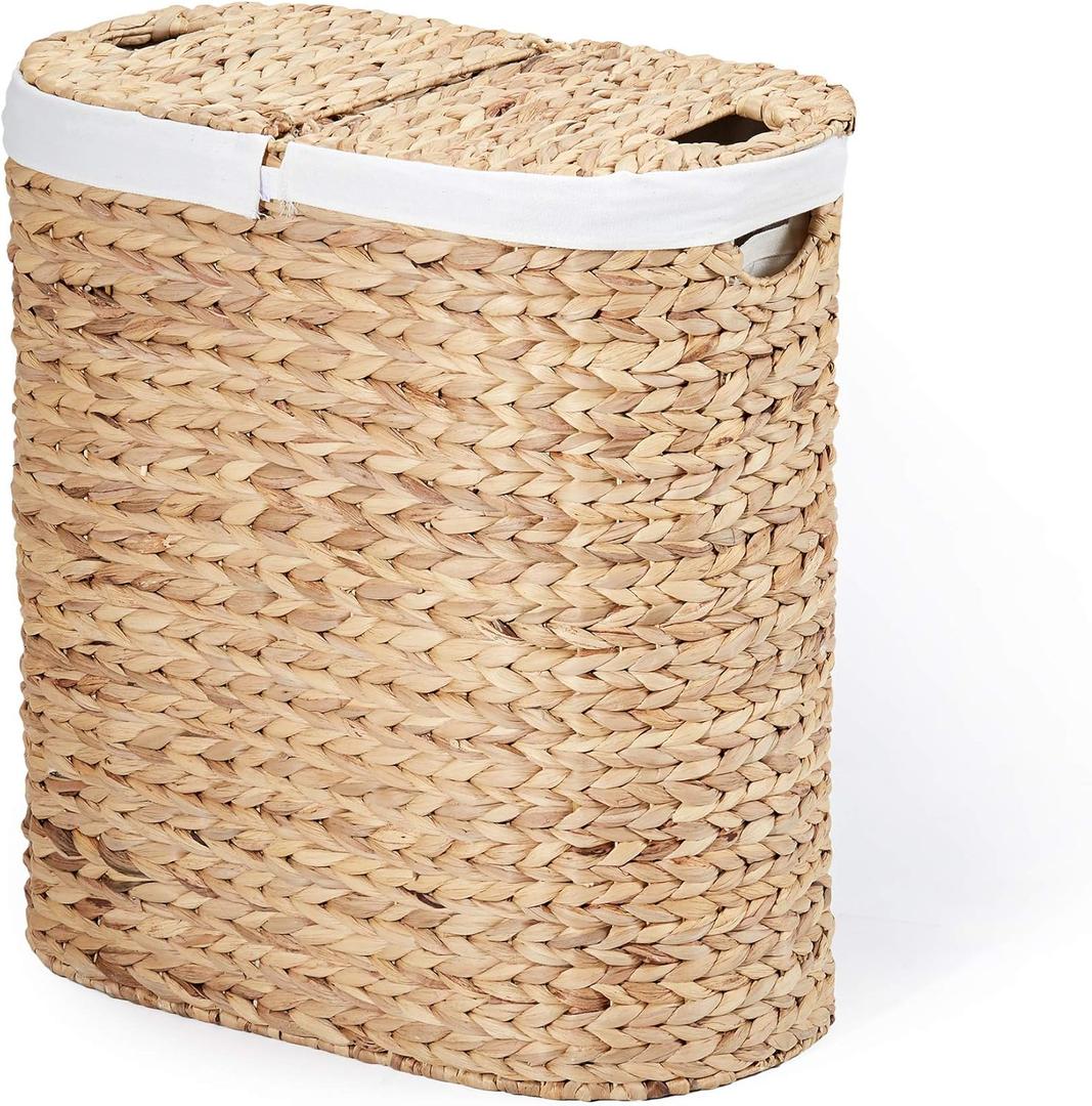 Seville Classics Premium Natural Handwoven Portable Laundry Bin Basket with Carrying Handles, Household Storage for Clothes, Linens, Sheets, Toys, Water Hyacinth, Oval Hamper