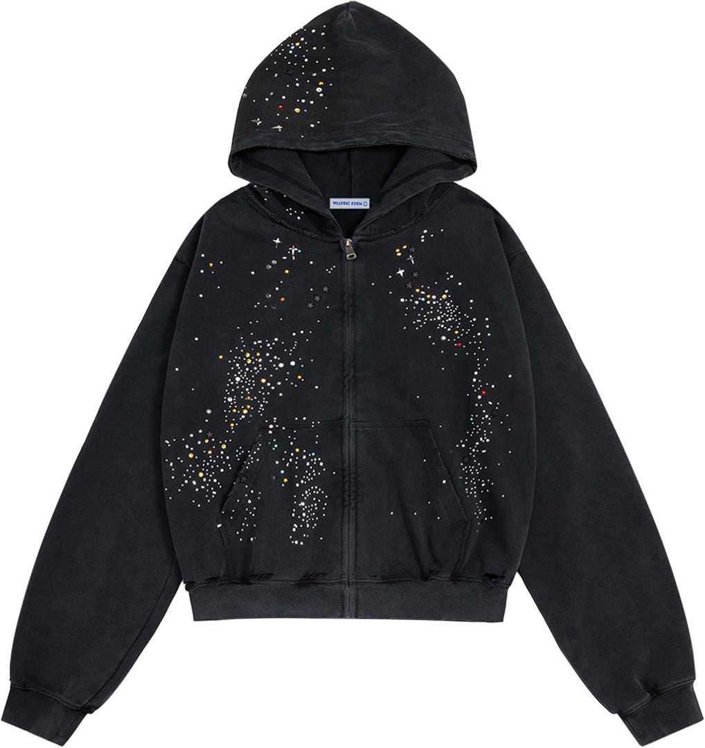 Aelfric Eden Star Rhinestone Zip Up Hoodies Womens Mens Casual Hooded Jackets Unisex Loose Crystal Y2K Pocket Sweatshirts (Small, Black)