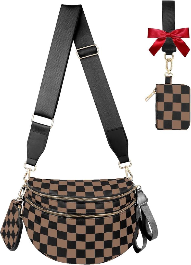Crossbody Bags for Women Bum Bag Nylon Fashion Waist Packs Fanny Packs Belt Bag Checkered Purse Handbags Wallets Purses Trendy Shoulder Bag (Checkered Dark Khaki, One Size)