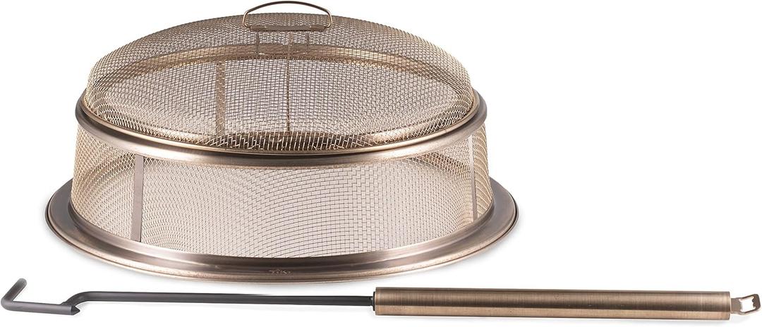 TIKI Reunion Fire Pit Screen & Poker Set  Outdoor Fire Pit Spark Protector & Ember Guard  Fire Poker Tool for Safe & Controlled Fires  Durable Metal Fire Pit Accessories in Gold & Black