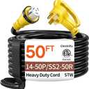 50FT 50 Amp Generator Cord, NEMA 14-50P/SS2-50R Heavy-Duty 4 Conductors Cable, Pure Copper STW RV Extension Cord, Female Plug with Twist Lock, Suitable for RV or Camper, ETL Listed