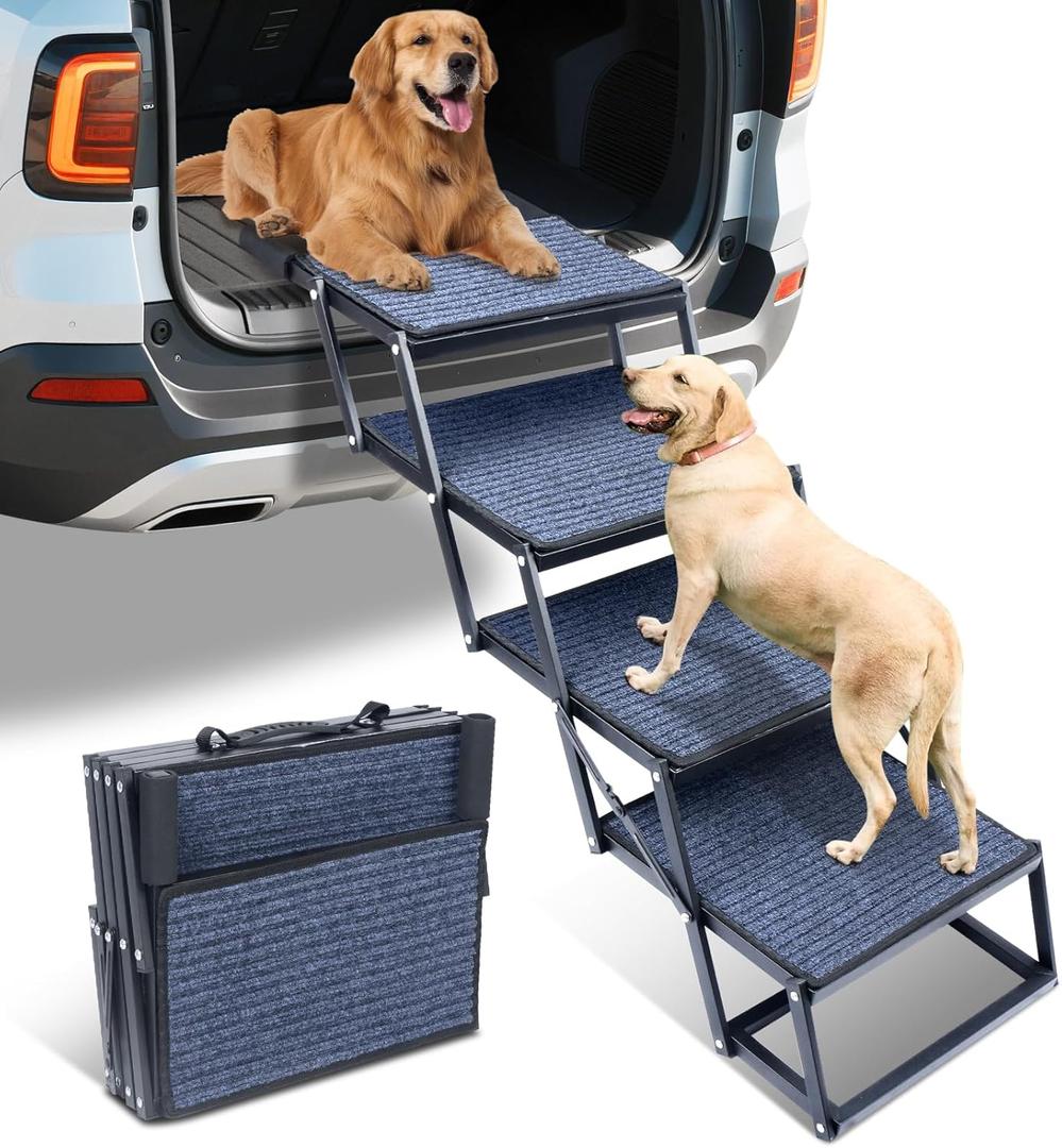 Dog Stairs for Large Dogs, Extra Wide Dog Ramp for Car with Non-Slip Surface, Foldable Pet Steps for Cars, SUV, Truck, RV, Supports up to 200 lbs, 4 Steps
