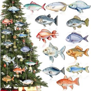 Thyle 24 Pcs Christmas Sea Fish Ornaments Bulk Christmas Wood Ocean Beach Tree Decorations Coastal Fish Hanging Ornaments Sea Animals Decor with Rope for DIY Craft Birthday Wedding Party