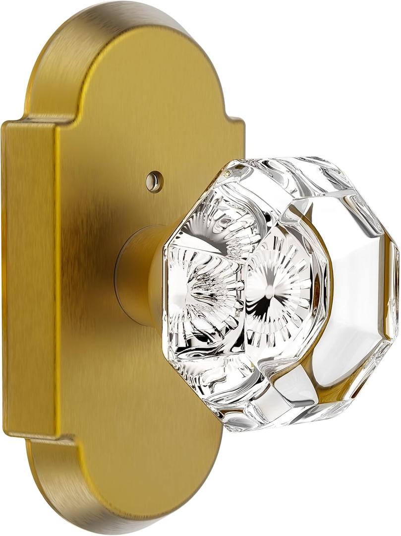 Crystal Door Knobs Interior, Antique Brass Door Knob with Lock, Glass Privacy Door Knob for Bedroom Bathroom 1 Pack