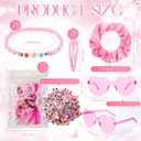 Quelay 134 Pcs Kpop Disco Party Favors Popular Singer Party Friendship Gift Set Birthday Bracelets Sunglasses Satin Scrunchie Clips Stickers Bags for 80s Y2k Fans Women(Heart,Pink)