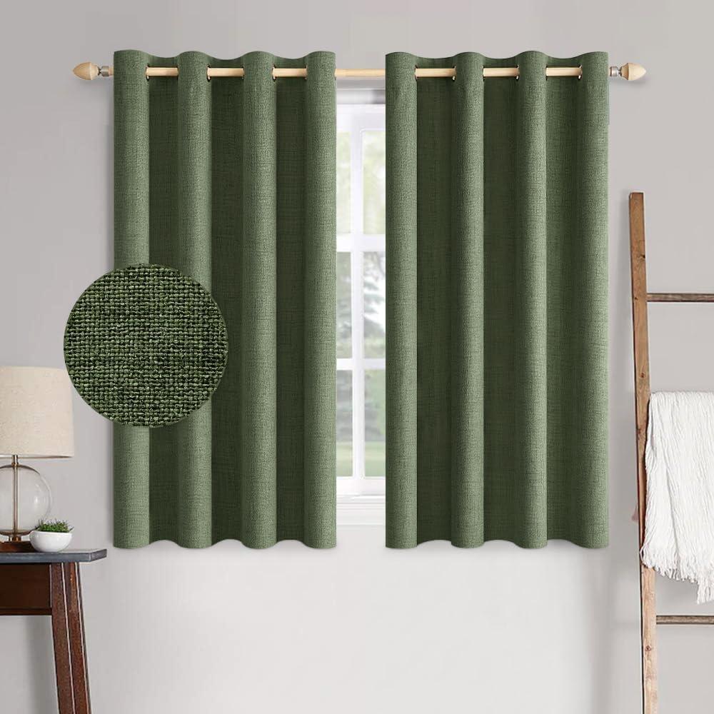 2 x MIULEE 100% Blackout Linen Textured Curtains for Bedroom Solid Thermal Insulated Olive Green Grommet Room Darkening Curtains & Drapes Luxury Decor for Living Room Nursery 52 x 63 Inch (2 Panels)