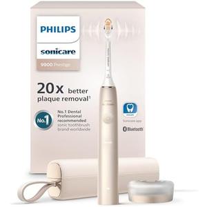 Philips Sonicare DiamondClean 9900 Prestige Electric Toothbrush - with SenseIQ Technology and Advanced AI App, 5 Brushing Modes, 3 Intensity Levels, Charging Travel Case, Champagne, HX9990/11