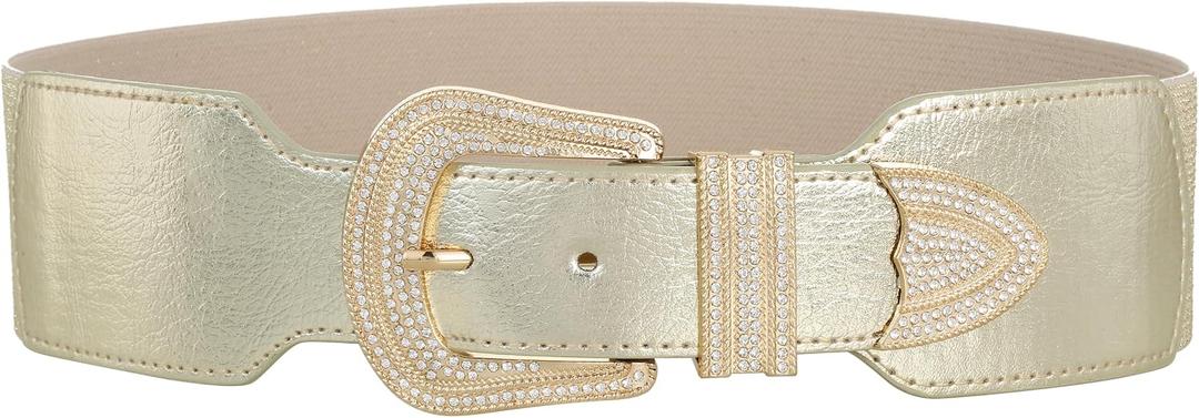 Sparkly Wide Stretchy Rhinestone Waist Belt for Women Vintage Bling Elastic Buckle Belt for Ladies Dresses (Beige)
