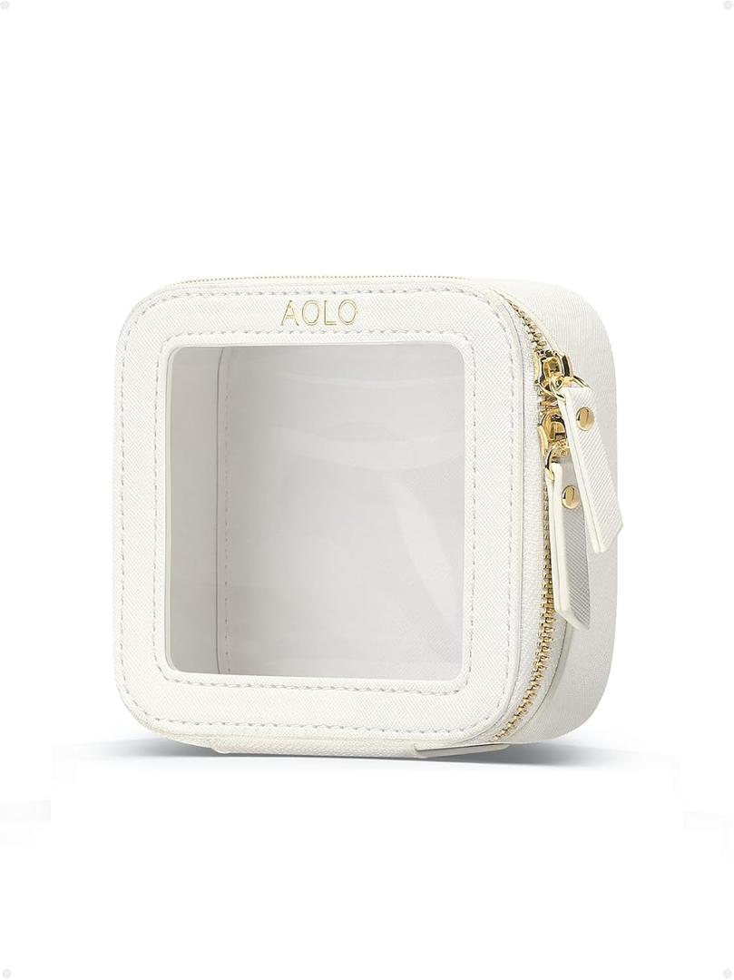 AOLO Travel Makeup Bag for Women - Clear Cosmetic Bags, Carry-on Make up Organizer Pouch with Transparent Windows and Zippers, TSA Approved Cute Cosmetics Case for Women & Girls (White)