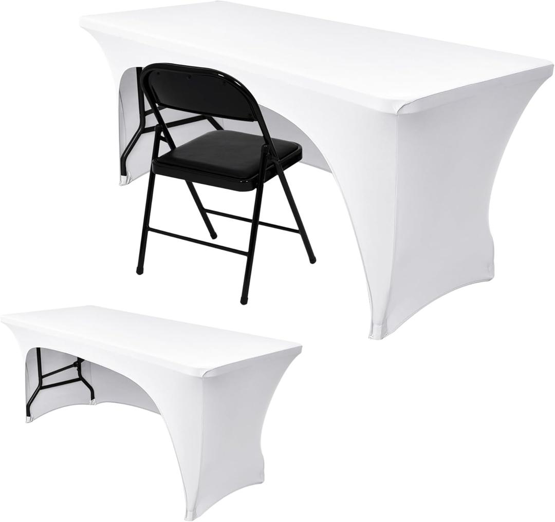 Nasitos 2 Pack Fitted White Tablecloth Rectangle for 4 ft Table-Open Back Folding Stretch Spandex Table Covers Fabric Washable and Wrinkle Resistant for Parties, Wedding, Craft Fair, Trade Show