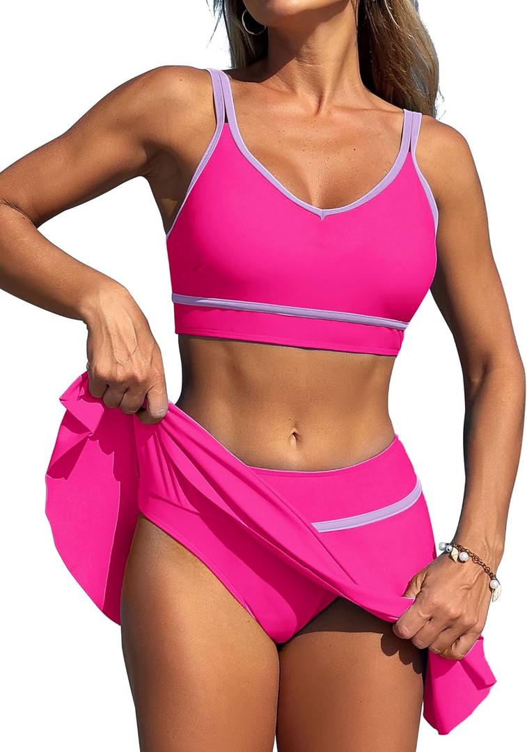 ZAFUL Bikini Sets for Women Sports Splicing Swimsuits High Waisted Tummy Control Swim Skirt 2025 Two Piece Bathing Suit (Large, Rose Red)
