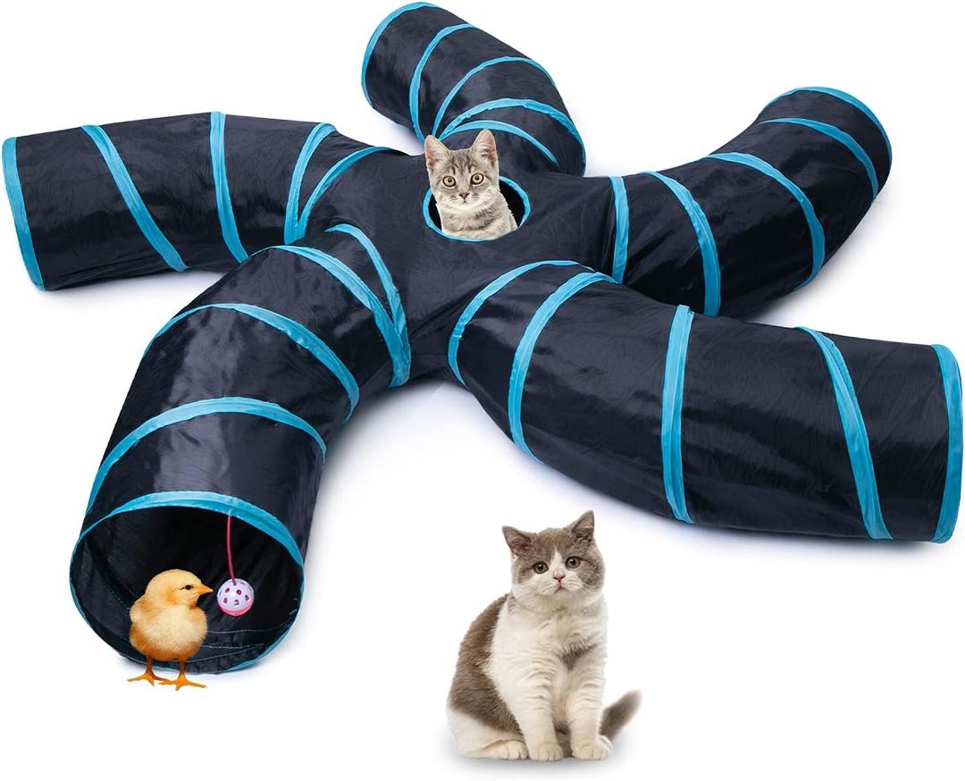 EGETOTA Cat Tunnel for Indoor Cats Large, with Play Ball S-Shape 5 Way Collapsible Interactive Peek Hole Pet Tube Toys, Puppy, Kitty, Kitten, Rabbit (Blue & Black)