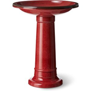 Glitzhome 21.5" H Red Faux Ceramic Tall Pedestal Birdbath for Outdoor Patio Garden Backyard Decking