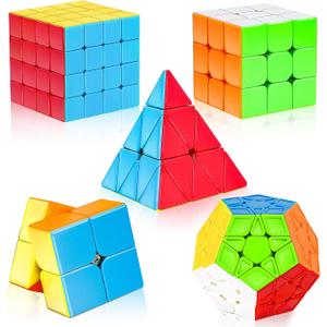 5 Pack Magic Cube Set - 3x3, 2x2, 4x4, Pyramid Megaminx, Stickerless Speed Cubes for Kids & Adults