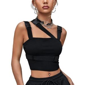 CYCLAMEN Women's Buckle Tank Tops Sleeveless Tube Crop Cami Tops Rave Gothic Punk Streetwear Shirt (Large, A-black, Buckles)