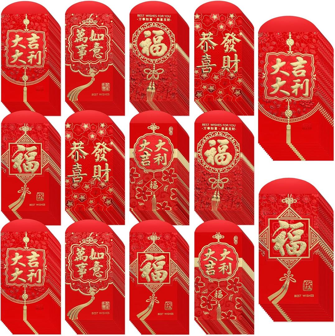 Winlyn 240 Pcs 6 Designs Chinese New Year Red Envelopes Bulk Lucky Money Pockets Hong Bao Lai See Red Packets Lucky Cash Envelopes for Asian Vietnamese Chinese Lunar New Year 2026 Year of the Horse