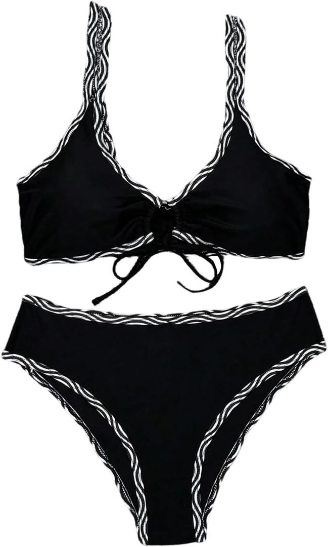 SOLY HUX Women's 2 Piece Striped Bikini Set Tie Front Swimsuit Bathing Suit (Black, S)