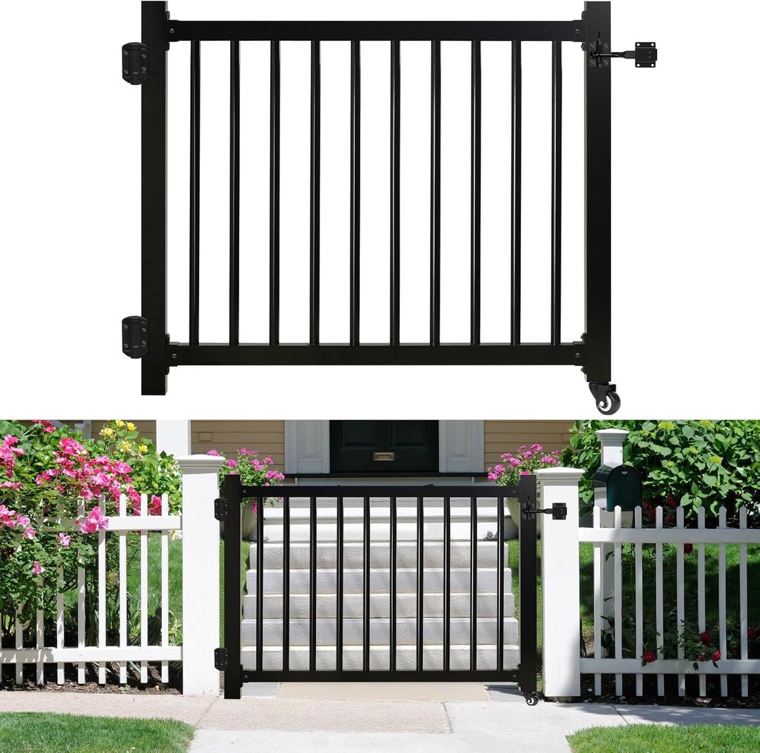 Deck Gate, 36"x 45" Adjustable Aluminum Outdoor Gate 1" Round Pipe with Latch,Auto Closing Hinges and Black Rustproof Powder Coated for Patios, Porch,Gardens Indoor Pet Protected