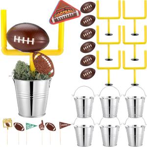 6 Set Football Table Decorations Kit Includes 6 Iron Buckets 6 Mini Football 12 Goal Post 12 Touch Down Flags Centerpiece for Birthday Sport Themed Desk Supplies Rugby Favors