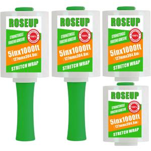 Clear Stretch Wrap Film 5" x 1000ft Roll with Handle, 80 Gauge Thick Cling Plastic Wrap for Moving, Pallet Wrap, Self Adhering Packaging Heavy Duty Shrink Film, 4 Pack