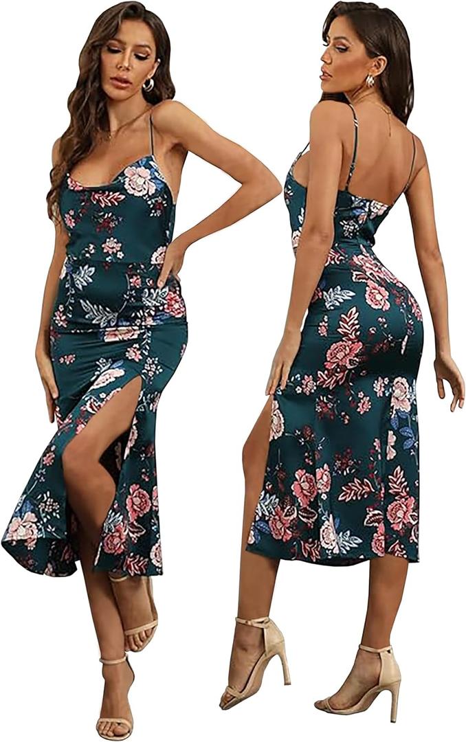 Tsher Women's Sleeveless Spaghetti Strap Satin Wedding Guest Party Dress Cowl Neck Backless Midi Formal Dresses (Medium, Green Floral)