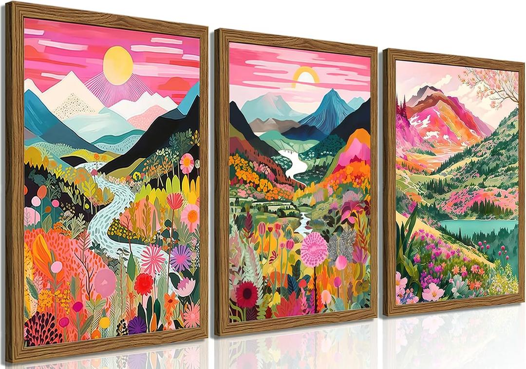 Boho Colorful Mountain Wall Art Set of 3, Abstract Watercolor Landscape Flower Wall Decor Paintings, Modern Nature Sunset Forest Posters Prints for Living Room, Bedroom 16x24 Inch Wood Framed, 24L" x 16W"