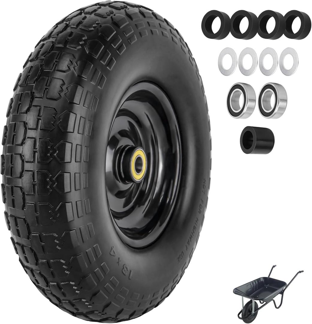 4.00-6" Tire Flat Free 13" x 3.5" (1Pcs) Universal Solid Wheelbarrow Tire with 5/8" and 3/4" Bearings 1.77 Hub Centered, for 4.00-6, 3.50/2.50-8, Wheelbarrow Wheels