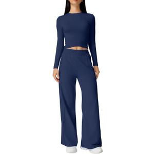 QINSEN Womens 2 Piece Sets Long Sleeve Slim Fit Crop Tops Wide Leg Pants Matching Lounge Set (Small, Navy Blue)
