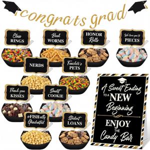 Meanplan 34 Pcs 2026 Graduation Candy Bar Party Decoration Graduation Candy Bar Party Supplies Buffet Plastic Bowls Spoons Congrats Grad Banner Buffet Sign Snack Labels for High School College, Black