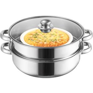ZENFUN Steamer for Cooking, 2 Tier Stack and Steam Pot Set With Glass Lid, Stainless Steel Double Handle, 11 Inch (Thickened)