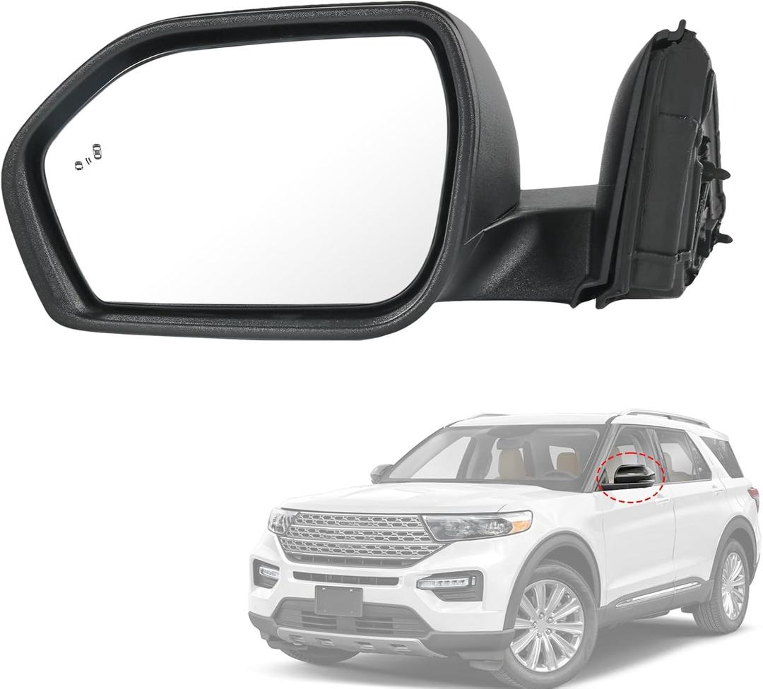 Door Mirror Left Driver Side Replacement For Ford Explorer 2020-2025, Replace LB5Z17683BA, FO1320674 Heated Blind Spot Puddle Lights Black 8Pins