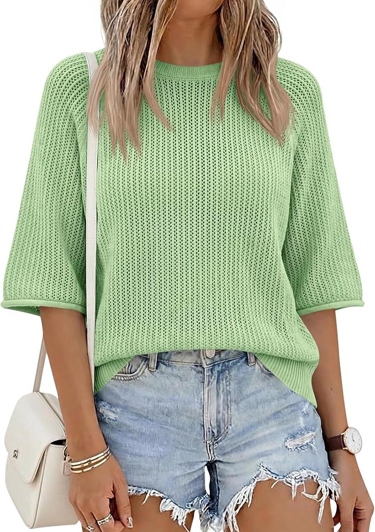 Saodimallsu Womens Short Sleeve Sweaters Crochet Knit Casual Crew Neck Lightweight Summer Trendy Sweater Tops
