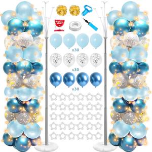 Balloon Column Stand Kit with String Lights, 2-Piece Adjustable Tower Pillar for Birthday, Wedding (Blue)