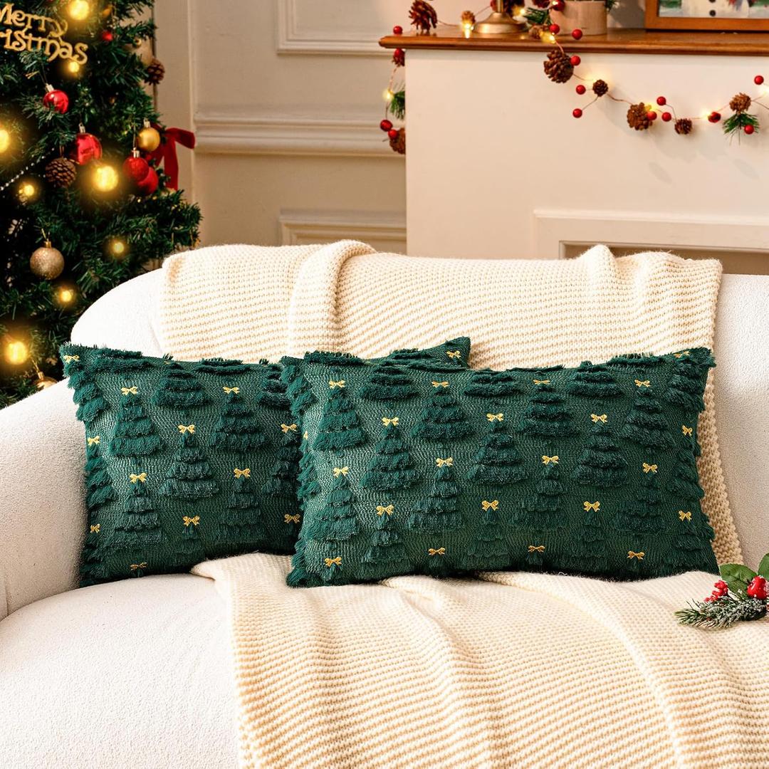 A moment New 3D Christmas Tree Pillow - Ultra Soft Fluffy Holiday Decor Throw Pillow Cover Pack of 2, Festive Bed Sofa Couch Decor for Xmas (Green, 12x20 Inch)