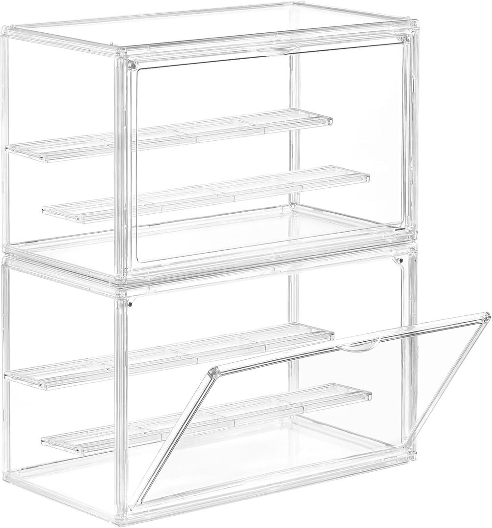 Freebat Clear Acrylic Display Case for Collectibles - 3-Tier Adjustable Figure Display with Magnetic Door & Removable Shelves,Stackable Dispaly box for Figures - 2 Pack