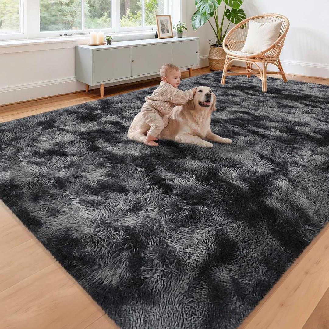 Black Grey TieDyed Rug for Living Room 8x10 Fluffy Area Rug Mat Bedside Throw Rug for Bedroom Kids Room Boys Teens Nursery Baby Dorm Office Home Decor Aesthetic Carpets